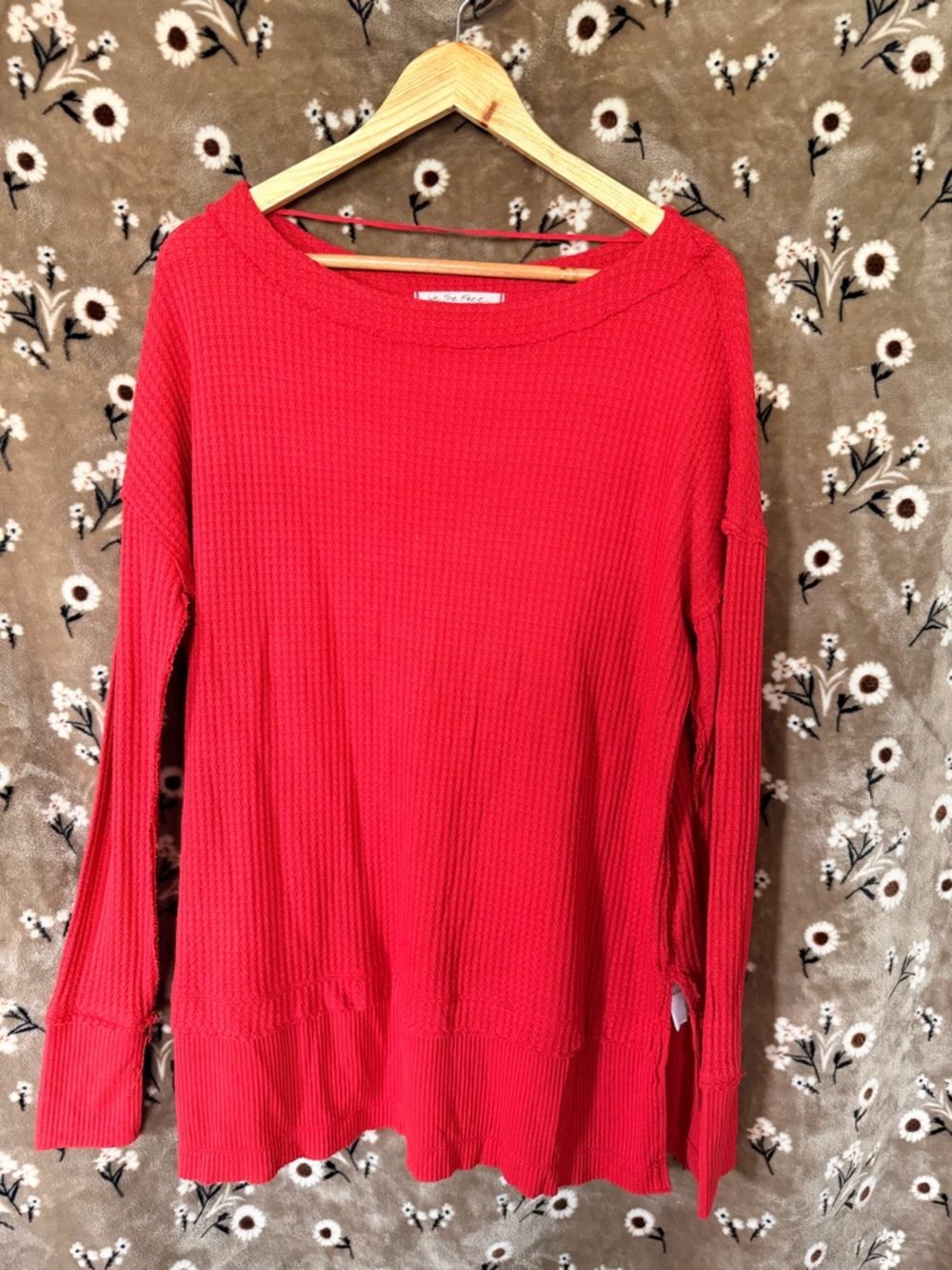 We The Free Bright Red Waffle-Knit Long Sleeve Top